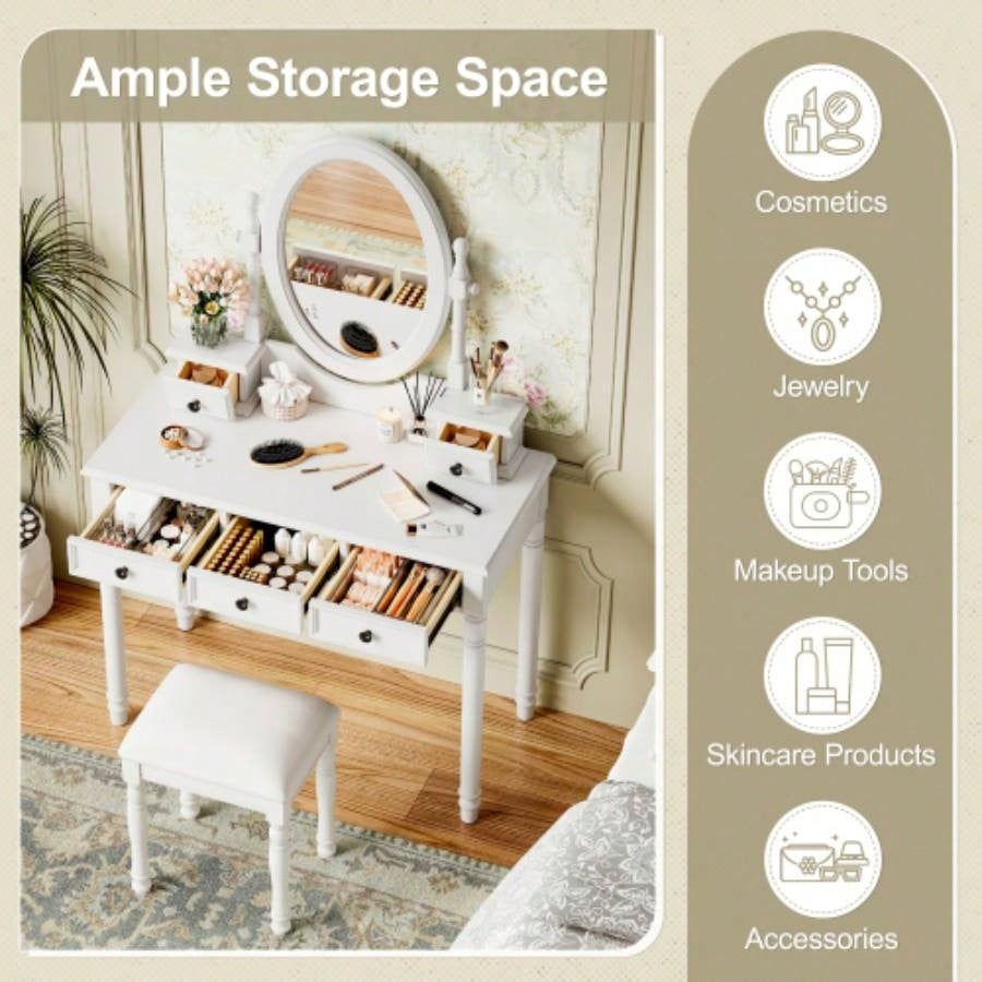 Vanity Desk with Adjustable Angle Mirror, Vintage Vanity Makeup Table and Cushioned Stool Set with Velvet Fabric Lining 5 Drawers, Wooden Dressing Table Set Bedroom, White
