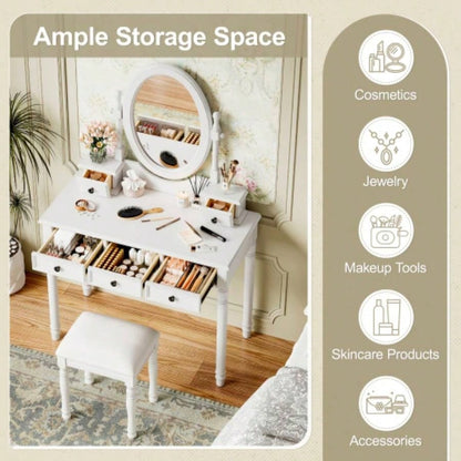 Vanity Desk with Adjustable Angle Mirror, Vintage Vanity Makeup Table and Cushioned Stool Set with Velvet Fabric Lining 5 Drawers, Wooden Dressing Table Set Bedroom, White
