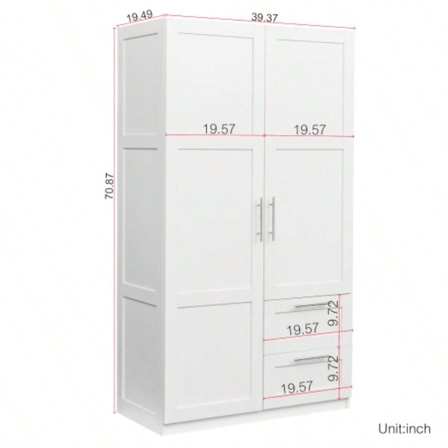 High wardrobe and kitchen cabinet with 2 doors, 2 drawers and 5 storage spaces, white