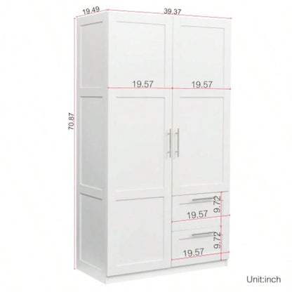 High wardrobe and kitchen cabinet with 2 doors, 2 drawers and 5 storage spaces, white