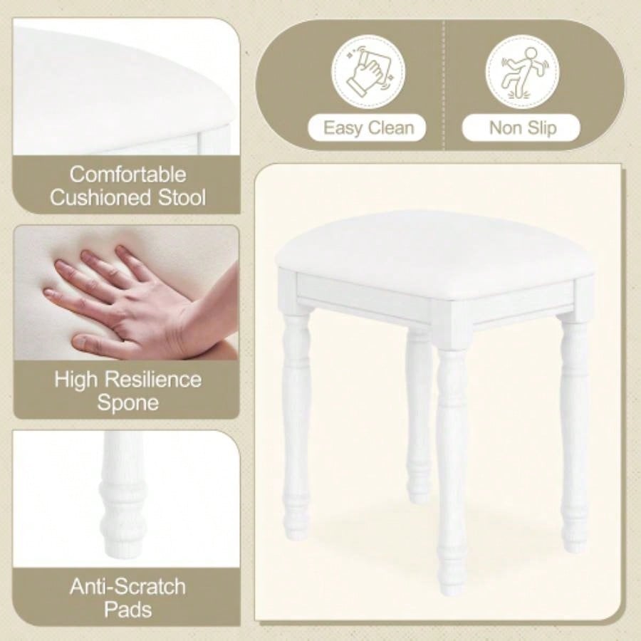 Vanity Desk with Adjustable Angle Mirror, Vintage Vanity Makeup Table and Cushioned Stool Set with Velvet Fabric Lining 5 Drawers, Wooden Dressing Table Set Bedroom, White