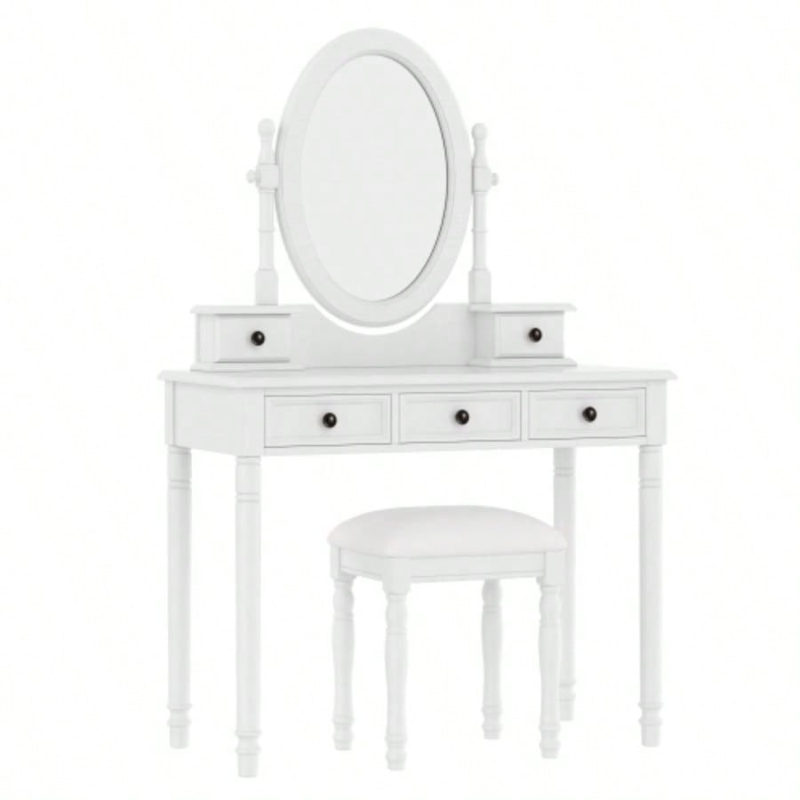 Vanity Desk with Adjustable Angle Mirror, Vintage Vanity Makeup Table and Cushioned Stool Set with Velvet Fabric Lining 5 Drawers, Wooden Dressing Table Set Bedroom, White