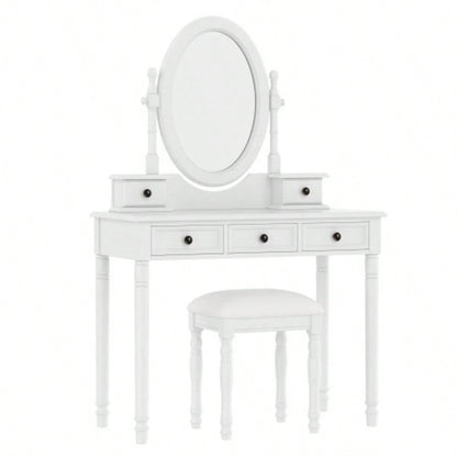 Vanity Desk with Adjustable Angle Mirror, Vintage Vanity Makeup Table and Cushioned Stool Set with Velvet Fabric Lining 5 Drawers, Wooden Dressing Table Set Bedroom, White