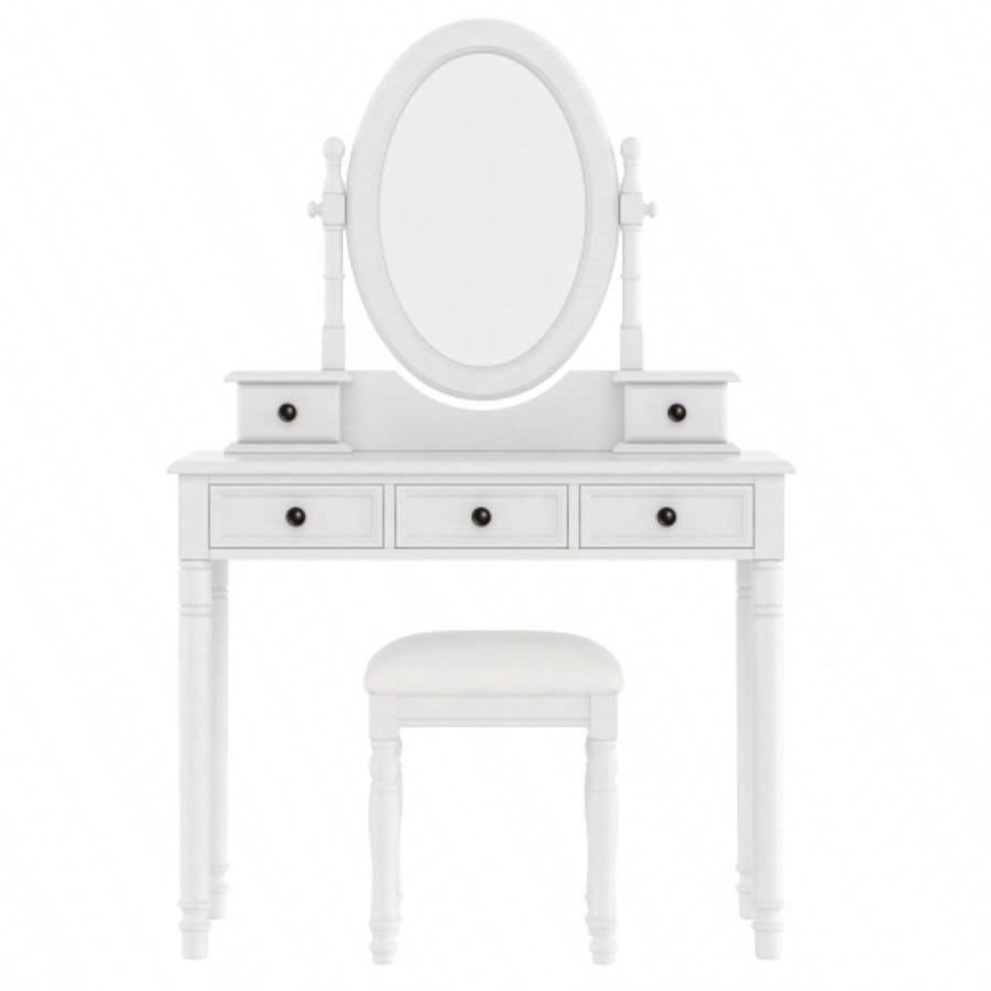 Vanity Desk with Adjustable Angle Mirror, Vintage Vanity Makeup Table and Cushioned Stool Set with Velvet Fabric Lining 5 Drawers, Wooden Dressing Table Set Bedroom, White