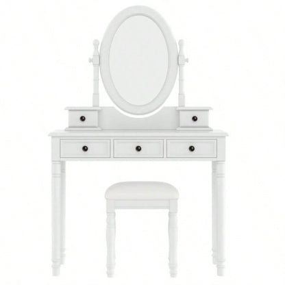 Vanity Desk with Adjustable Angle Mirror, Vintage Vanity Makeup Table and Cushioned Stool Set with Velvet Fabric Lining 5 Drawers, Wooden Dressing Table Set Bedroom, White