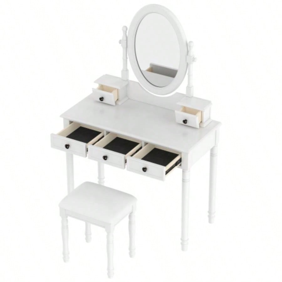Vanity Desk with Adjustable Angle Mirror, Vintage Vanity Makeup Table and Cushioned Stool Set with Velvet Fabric Lining 5 Drawers, Wooden Dressing Table Set Bedroom, White