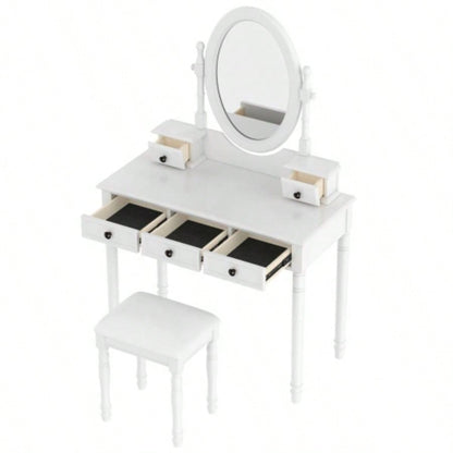 Vanity Desk with Adjustable Angle Mirror, Vintage Vanity Makeup Table and Cushioned Stool Set with Velvet Fabric Lining 5 Drawers, Wooden Dressing Table Set Bedroom, White