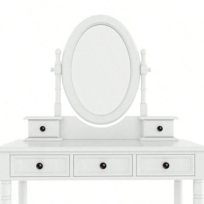 Vanity Desk with Adjustable Angle Mirror, Vintage Vanity Makeup Table and Cushioned Stool Set with Velvet Fabric Lining 5 Drawers, Wooden Dressing Table Set Bedroom, White