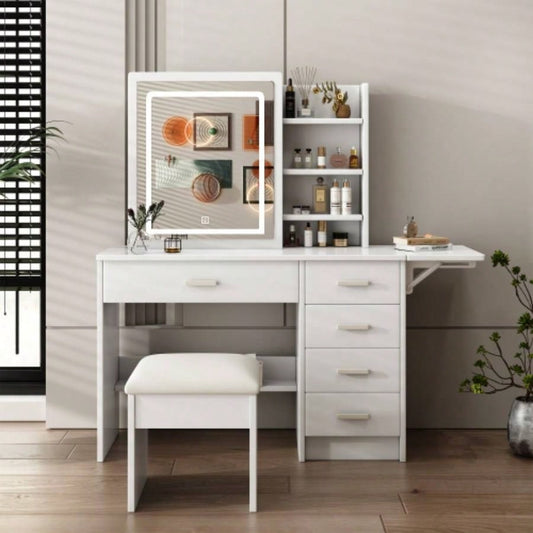 Fashion Vanity Desk with Mirror and Lights Makeup with open shelves and Chair, Vanity Mirror with Lights and Table Set with 3 Color Lighting Brightness Adjustable, 5 Drawers, White Color