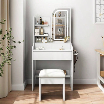 Fashion Vanity Desk with Mirror and Lights Makeup with hair dryer holder and Chair, Vanity Mirror with Lights and Table Set with 3 Color Lighting Brightness Adjustable, 3 Drawers, White Color
