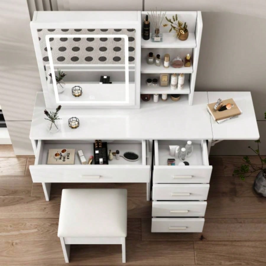 Fashion Vanity Desk with Mirror and Lights Makeup with open shelves and Chair, Vanity Mirror with Lights and Table Set with 3 Color Lighting Brightness Adjustable, 5 Drawers, White Color