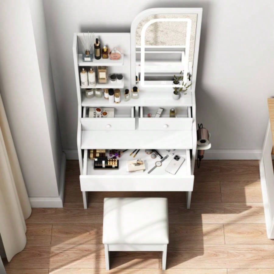 Fashion Vanity Desk with Mirror and Lights Makeup with hair dryer holder and Chair, Vanity Mirror with Lights and Table Set with 3 Color Lighting Brightness Adjustable, 3 Drawers, White Color