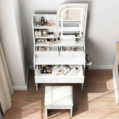 Fashion Vanity Desk with Mirror and Lights Makeup with hair dryer holder and Chair, Vanity Mirror with Lights and Table Set with 3 Color Lighting Brightness Adjustable, 3 Drawers, White Color