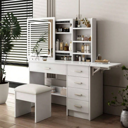 Fashion Vanity Desk with Mirror and Lights Makeup with open shelves and Chair, Vanity Mirror with Lights and Table Set with 3 Color Lighting Brightness Adjustable, 5 Drawers, White Color