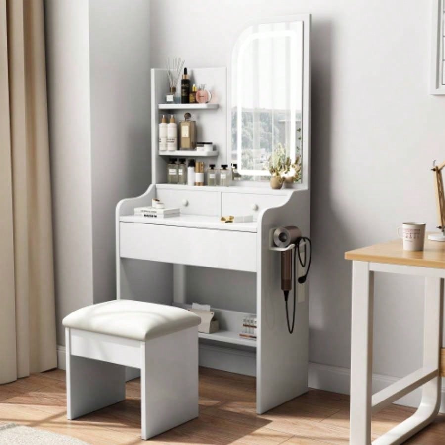 Fashion Vanity Desk with Mirror and Lights Makeup with hair dryer holder and Chair, Vanity Mirror with Lights and Table Set with 3 Color Lighting Brightness Adjustable, 3 Drawers, White Color