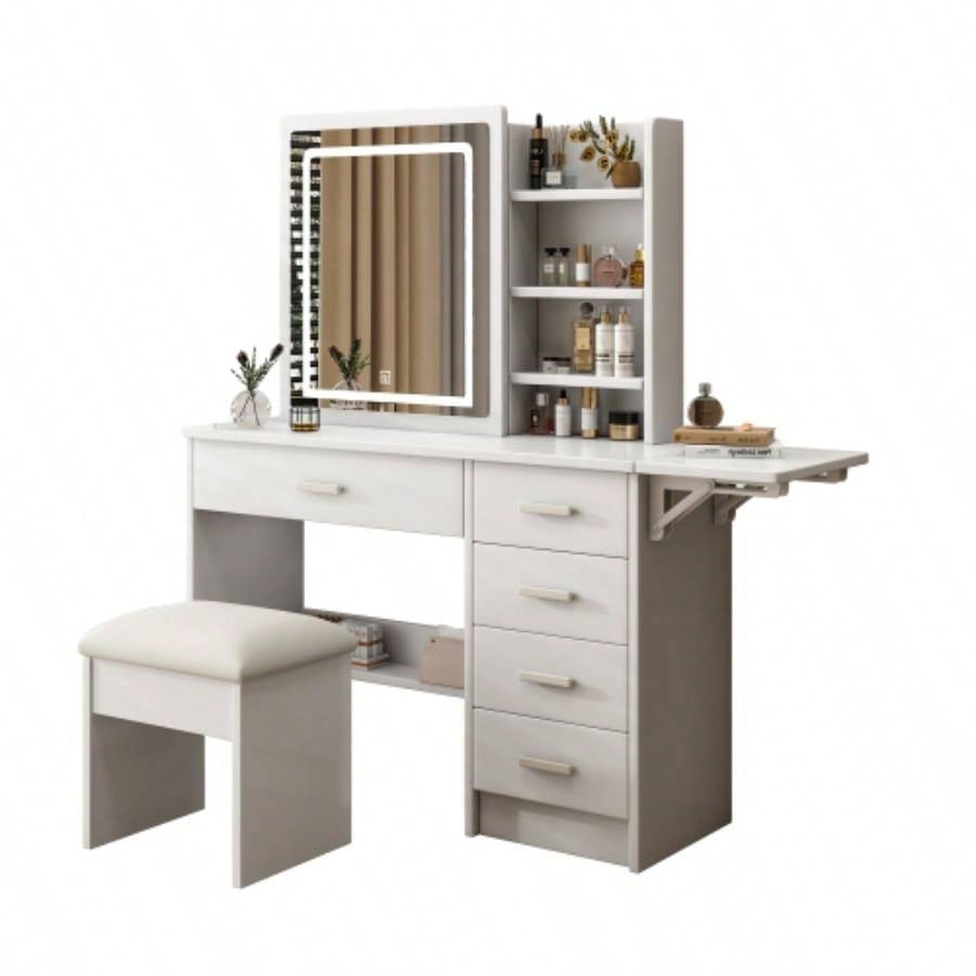 Fashion Vanity Desk with Mirror and Lights Makeup with open shelves and Chair, Vanity Mirror with Lights and Table Set with 3 Color Lighting Brightness Adjustable, 5 Drawers, White Color