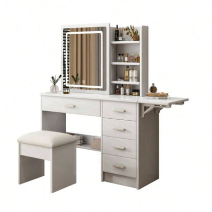 Fashion Vanity Desk with Mirror and Lights Makeup with open shelves and Chair, Vanity Mirror with Lights and Table Set with 3 Color Lighting Brightness Adjustable, 5 Drawers, White Color