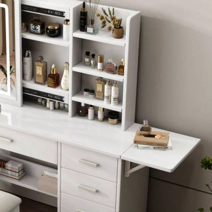Fashion Vanity Desk with Mirror and Lights Makeup with open shelves and Chair, Vanity Mirror with Lights and Table Set with 3 Color Lighting Brightness Adjustable, 5 Drawers, White Color