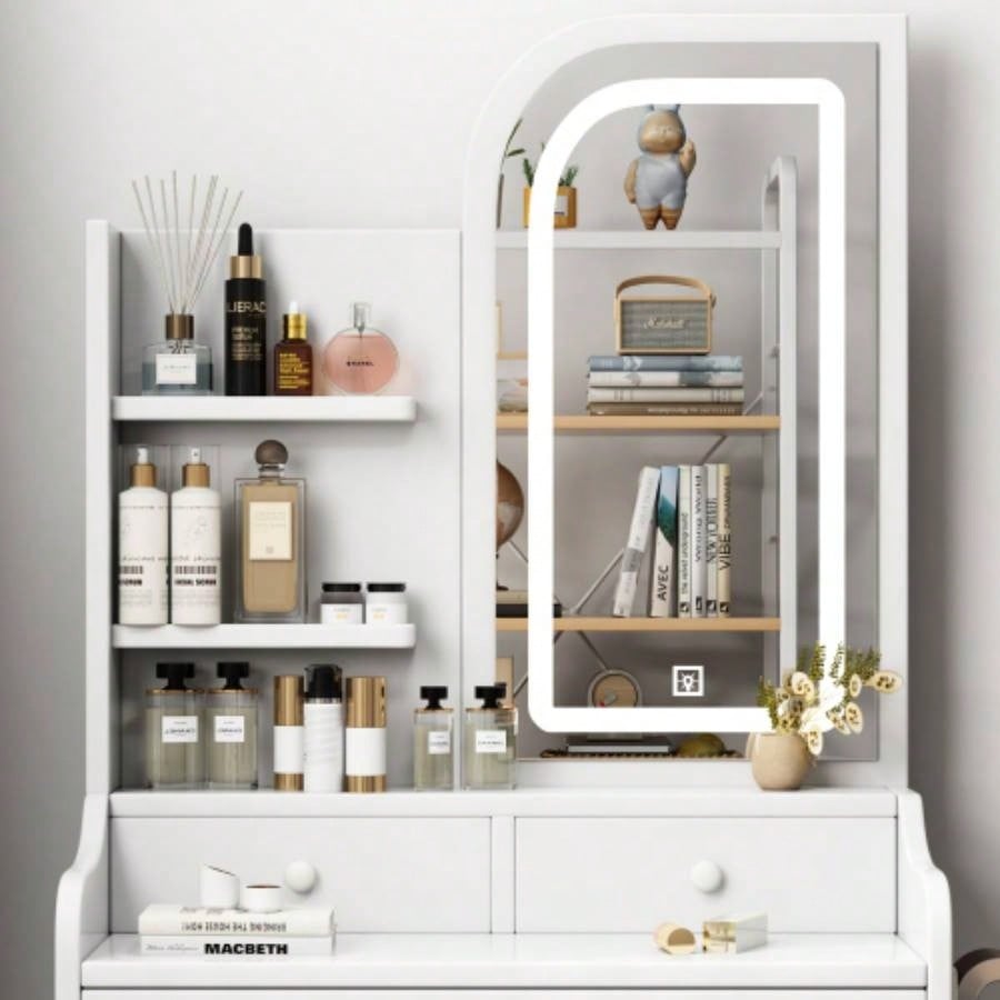 Fashion Vanity Desk with Mirror and Lights Makeup with hair dryer holder and Chair, Vanity Mirror with Lights and Table Set with 3 Color Lighting Brightness Adjustable, 3 Drawers, White Color