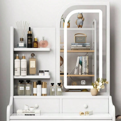 Fashion Vanity Desk with Mirror and Lights Makeup with hair dryer holder and Chair, Vanity Mirror with Lights and Table Set with 3 Color Lighting Brightness Adjustable, 3 Drawers, White Color