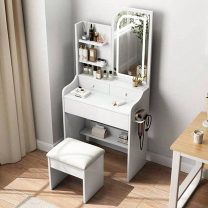 Fashion Vanity Desk with Mirror and Lights Makeup with hair dryer holder and Chair, Vanity Mirror with Lights and Table Set with 3 Color Lighting Brightness Adjustable, 3 Drawers, White Color