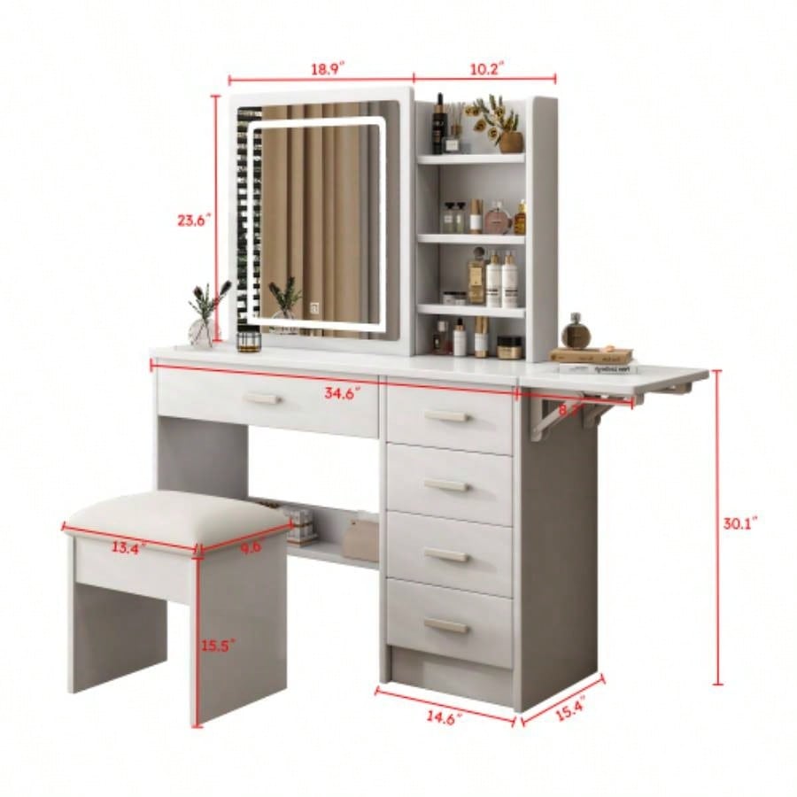 Fashion Vanity Desk with Mirror and Lights Makeup with open shelves and Chair, Vanity Mirror with Lights and Table Set with 3 Color Lighting Brightness Adjustable, 5 Drawers, White Color