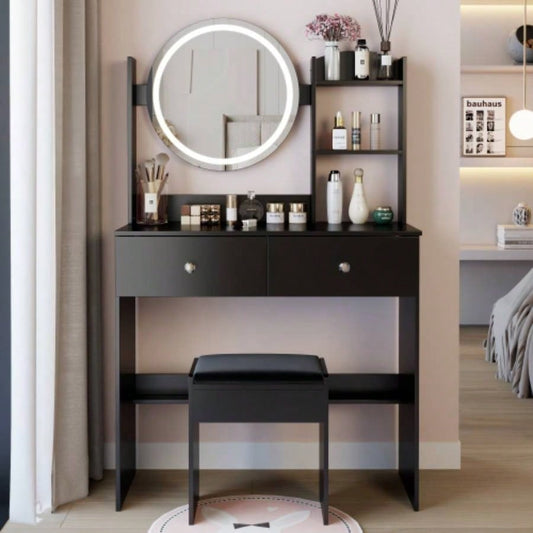 17 Round LED Mirror Vanity Table+ Soft Cushion Stool Set, Large Mirror, Switch, 3 colors, Adjustable Brightness, Large Desktop, Multi - layer High Capacity Storage, Suitable Small Space