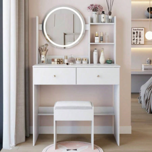 17 Round LED Mirror Vanity Table+ Soft Cushion Stool Suit, Large Mirror, Switch, 3 colors, Adjustable Brightness, Large Desktop, Multi - layer High Capacity Storage, Suitable Small Space