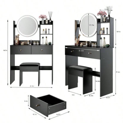 17 Round LED Mirror Vanity Table+ Soft Cushion Stool Set, Large Mirror, Switch, 3 colors, Adjustable Brightness, Large Desktop, Multi - layer High Capacity Storage, Suitable Small Space