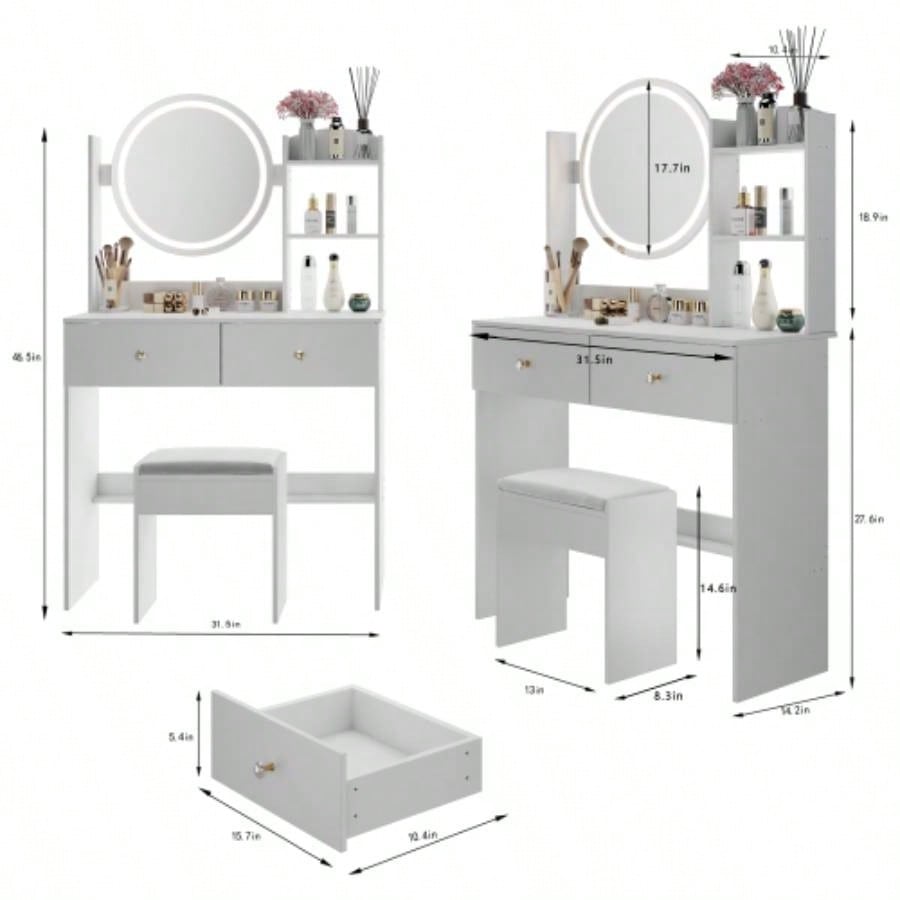 17 Round LED Mirror Vanity Table+ Soft Cushion Stool Suit, Large Mirror, Switch, 3 colors, Adjustable Brightness, Large Desktop, Multi - layer High Capacity Storage, Suitable Small Space