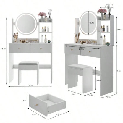 17 Round LED Mirror Vanity Table+ Soft Cushion Stool Suit, Large Mirror, Switch, 3 colors, Adjustable Brightness, Large Desktop, Multi - layer High Capacity Storage, Suitable Small Space