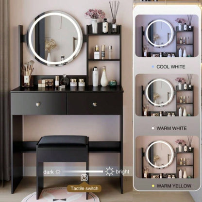 17 Round LED Mirror Vanity Table+ Soft Cushion Stool Set, Large Mirror, Switch, 3 colors, Adjustable Brightness, Large Desktop, Multi - layer High Capacity Storage, Suitable Small Space