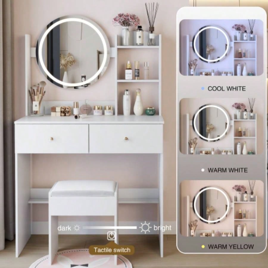 17 Round LED Mirror Vanity Table+ Soft Cushion Stool Suit, Large Mirror, Switch, 3 colors, Adjustable Brightness, Large Desktop, Multi - layer High Capacity Storage, Suitable Small Space