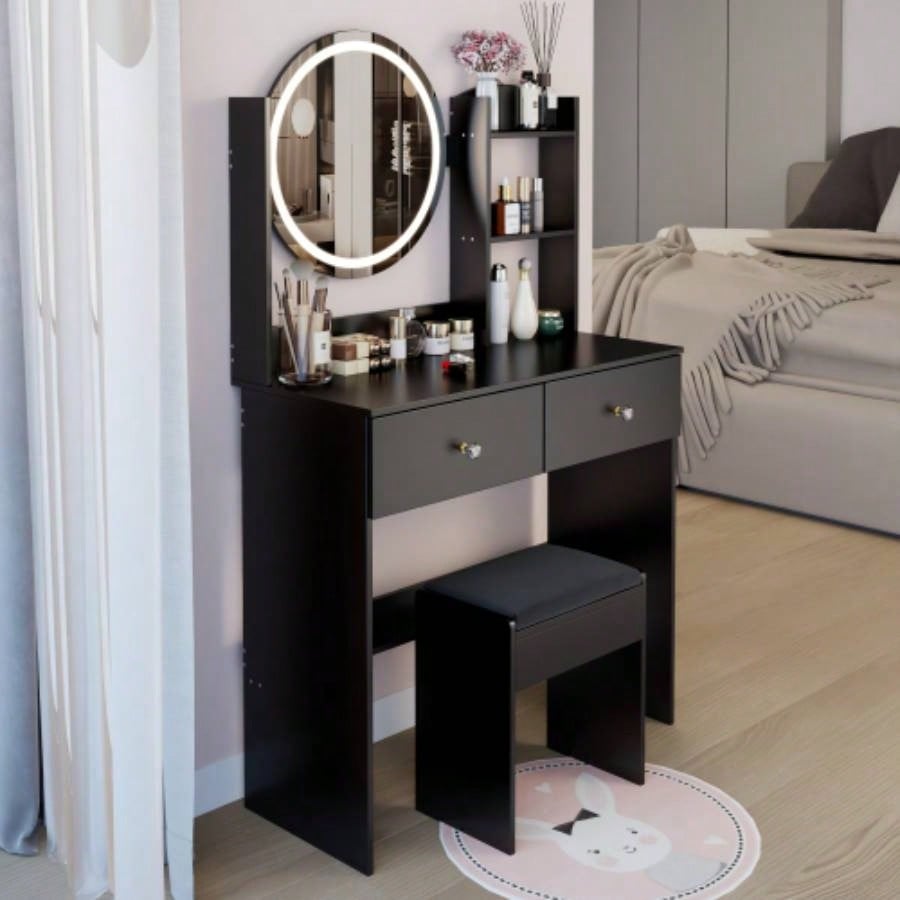 17 Round LED Mirror Vanity Table+ Soft Cushion Stool Set, Large Mirror, Switch, 3 colors, Adjustable Brightness, Large Desktop, Multi - layer High Capacity Storage, Suitable Small Space