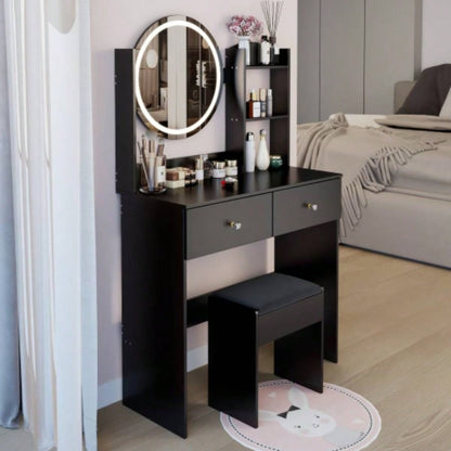 17 Round LED Mirror Vanity Table+ Soft Cushion Stool Set, Large Mirror, Switch, 3 colors, Adjustable Brightness, Large Desktop, Multi - layer High Capacity Storage, Suitable Small Space