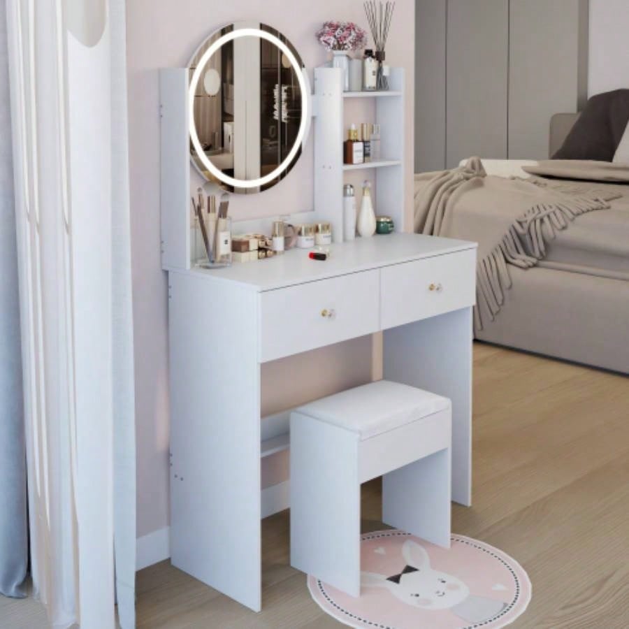 17 Round LED Mirror Vanity Table+ Soft Cushion Stool Suit, Large Mirror, Switch, 3 colors, Adjustable Brightness, Large Desktop, Multi - layer High Capacity Storage, Suitable Small Space