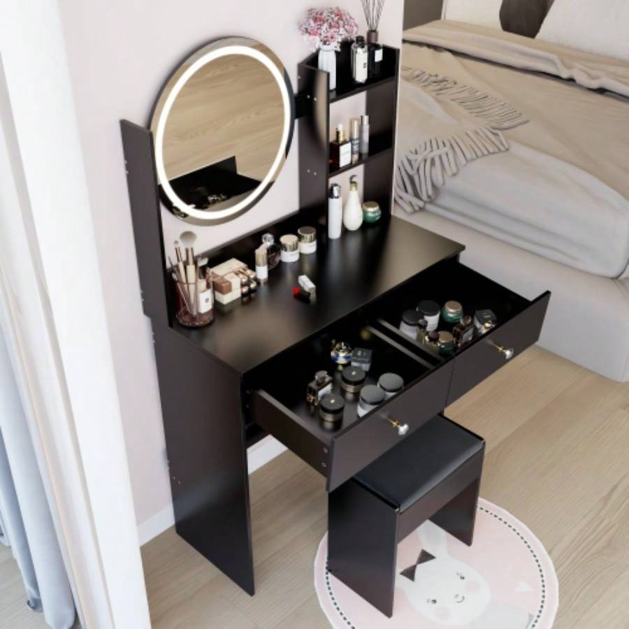 17 Round LED Mirror Vanity Table+ Soft Cushion Stool Set, Large Mirror, Switch, 3 colors, Adjustable Brightness, Large Desktop, Multi - layer High Capacity Storage, Suitable Small Space