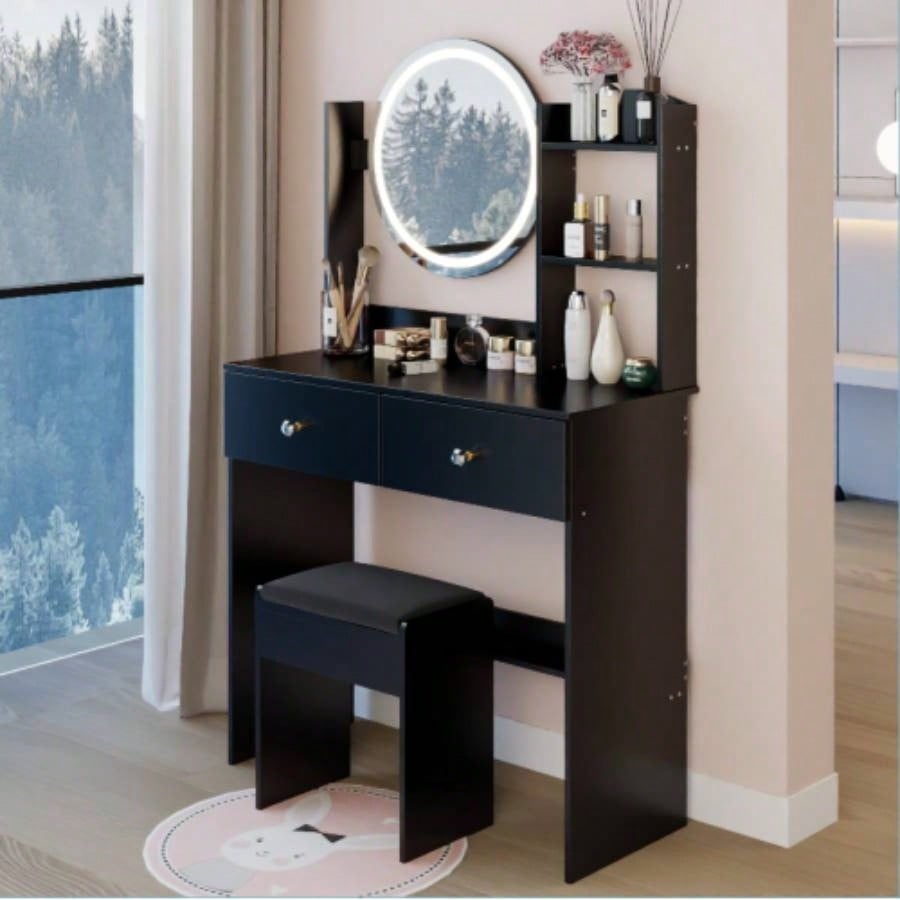 17 Round LED Mirror Vanity Table+ Soft Cushion Stool Set, Large Mirror, Switch, 3 colors, Adjustable Brightness, Large Desktop, Multi - layer High Capacity Storage, Suitable Small Space