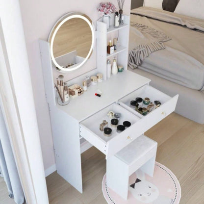 17 Round LED Mirror Vanity Table+ Soft Cushion Stool Suit, Large Mirror, Switch, 3 colors, Adjustable Brightness, Large Desktop, Multi - layer High Capacity Storage, Suitable Small Space
