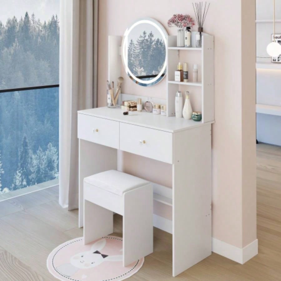 17 Round LED Mirror Vanity Table+ Soft Cushion Stool Suit, Large Mirror, Switch, 3 colors, Adjustable Brightness, Large Desktop, Multi - layer High Capacity Storage, Suitable Small Space