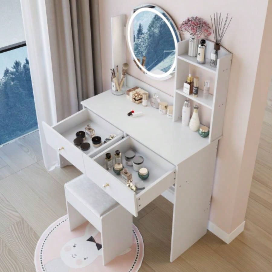 17 Round LED Mirror Vanity Table+ Soft Cushion Stool Suit, Large Mirror, Switch, 3 colors, Adjustable Brightness, Large Desktop, Multi - layer High Capacity Storage, Suitable Small Space