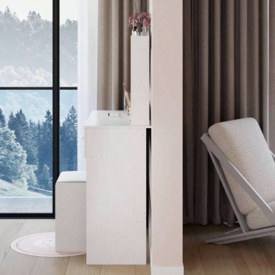 17 Round LED Mirror Vanity Table+ Soft Cushion Stool Suit, Large Mirror, Switch, 3 colors, Adjustable Brightness, Large Desktop, Multi - layer High Capacity Storage, Suitable Small Space