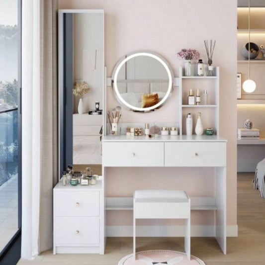 Full Body Mirror Cabinet+ Round Mirror LED Vanity Table+ Cushioned Stool, 17 diameter LED Mirror, Control, 3 - color, Brightness adjustable, Large Desktop, Multi - layer High Capacity Storage
