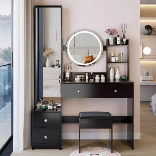 Full Body Mirror Cabinet+ Round Mirror LED Vanity Table+ Cushioned Stool, 17 diameter LED Mirror, Control, 3 - color, Brightness adjustable, Large Desktop, Multi - layer High Capacity Storage