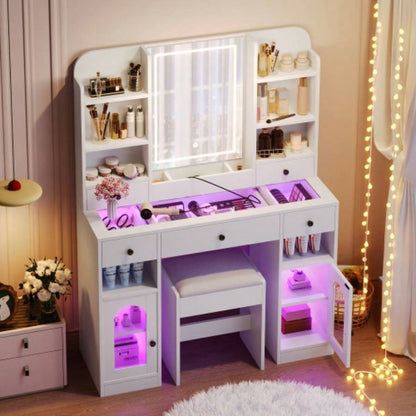 43.2 Vanity Desk with LED Mirror and Lights, Glass Top Vanity with RGB Glass Light Cabinets, Dressing Table with 5 Drawers, Storage Shelves and Stool Bedroom, White