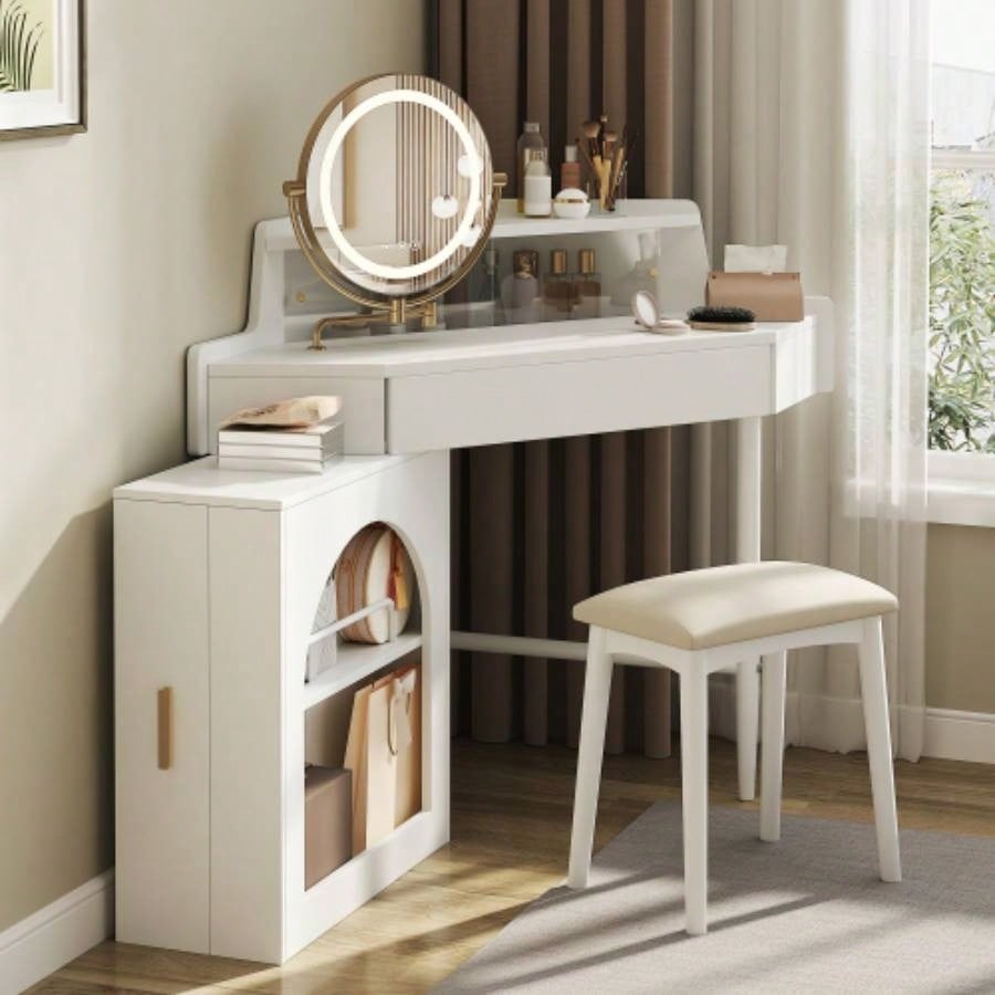 Corner Makeup Vanity Desk With Mirror LED Lights, Modern Vanity Set With Mirror And Stool, Dressing Table With Large Storage Small Place, Brightness Adjustable Folding Mirror, White