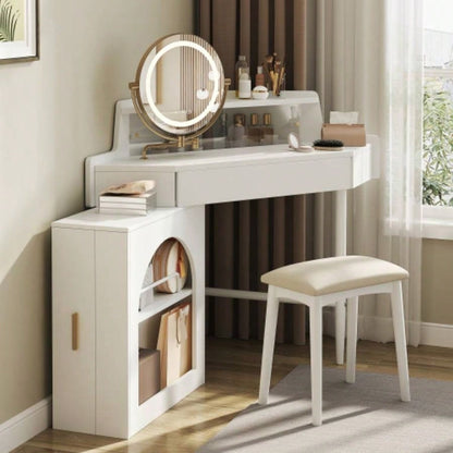 Corner Makeup Vanity Desk With Mirror LED Lights, Modern Vanity Set With Mirror And Stool, Dressing Table With Large Storage Small Place, Brightness Adjustable Folding Mirror, White