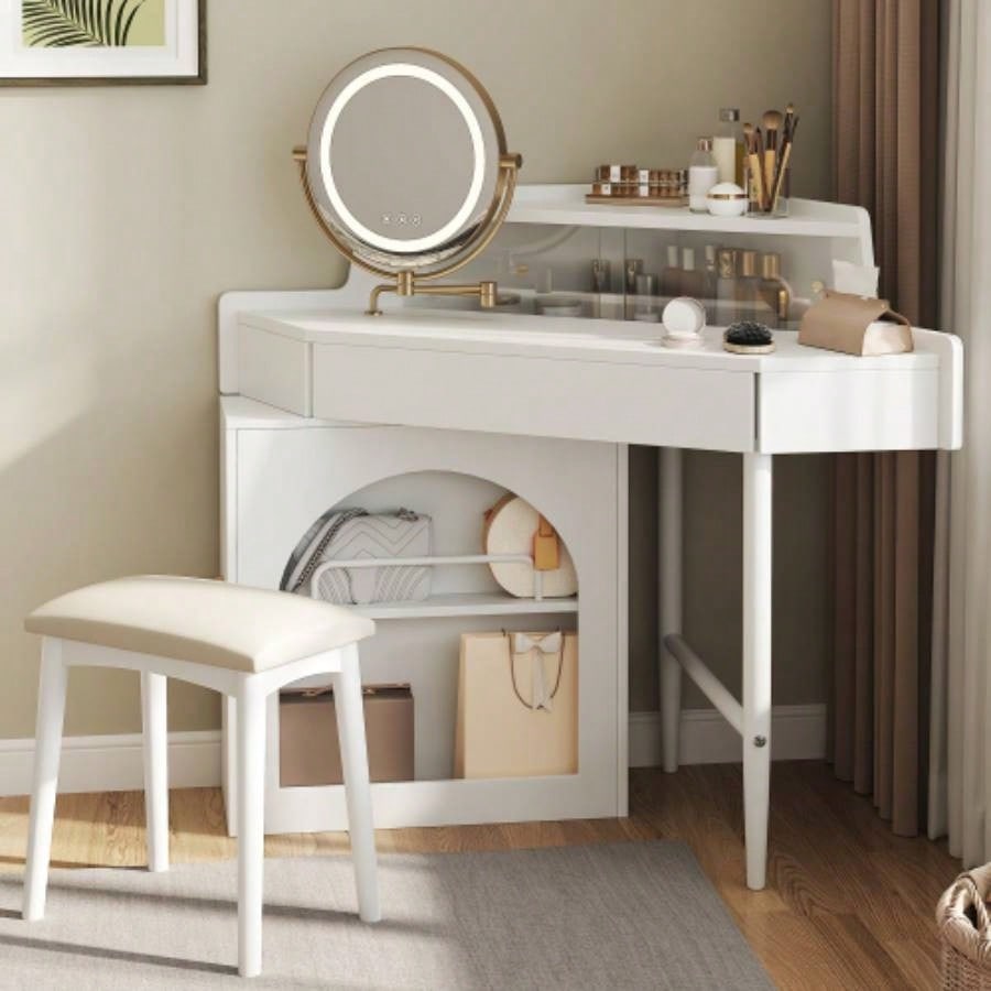 Corner Makeup Vanity Desk With Mirror LED Lights, Modern Vanity Set With Mirror And Stool, Dressing Table With Large Storage Small Place, Brightness Adjustable Folding Mirror, White