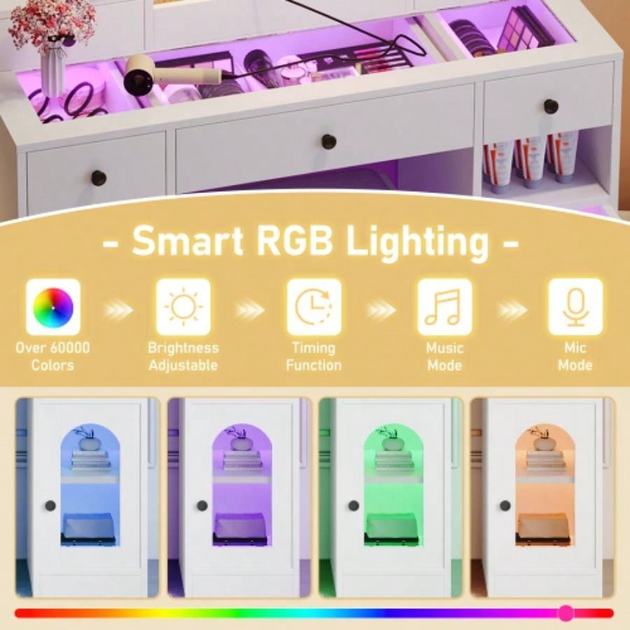43.2 Vanity Desk with LED Mirror and Lights, Glass Top Vanity with RGB Glass Light Cabinets, Dressing Table with 5 Drawers, Storage Shelves and Stool Bedroom, White