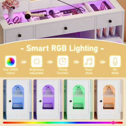 43.2 Vanity Desk with LED Mirror and Lights, Glass Top Vanity with RGB Glass Light Cabinets, Dressing Table with 5 Drawers, Storage Shelves and Stool Bedroom, White